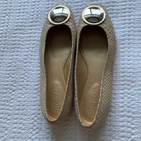 Hogan Flats Women 8.5 Tan Leather Square Toe Made in Italy Imitation Snakeskin - Picture 8 of 12